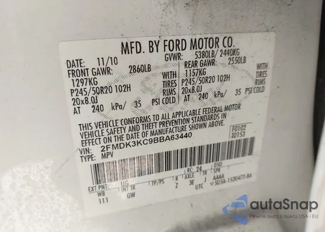 2011 Ford Edge Limited z USA, uszkodzony, nr VIN 2FMDK3KC9BBA63440